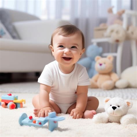Bebé sonriendo mientras juega con juguetes en una guardería virtual