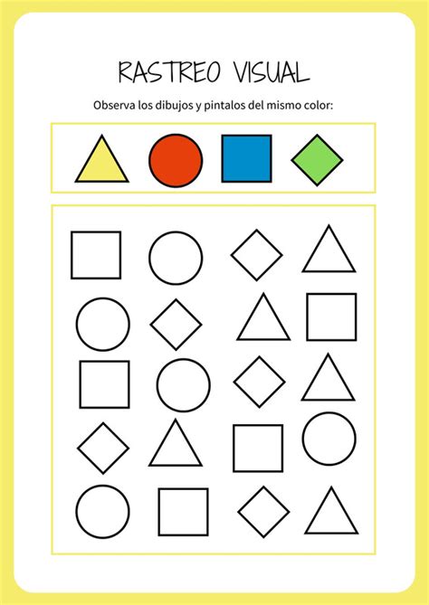Gráfico comparativo de ejercicios de rastreo visual: ejemplos de hojas de trabajo con figuras geométricas y letras para identificar patrones.