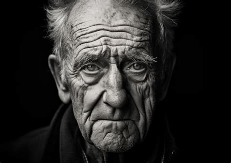 Representación en blanco y negro de un anciano en actitud contemplativa, con iluminación suave que enfatiza las sombras y las líneas de la cara
