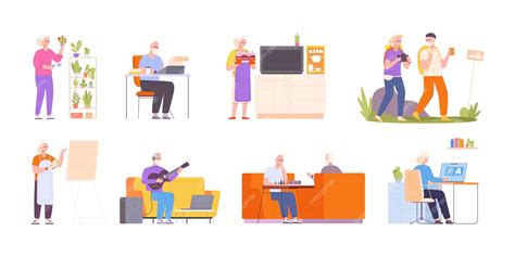 Ilustración de personas mayores disfrutando de actividades de ocio en un entorno idílico.