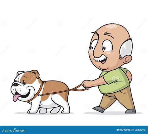 Ilustración de un adulto mayor paseando un perro y saludando a alguien en un parque