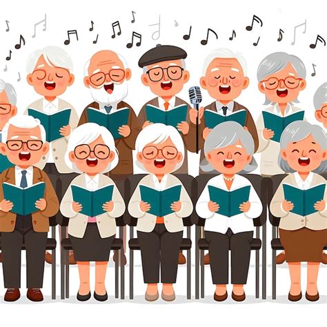 Foto de un coro de adultos mayores actuando con entusiasmo