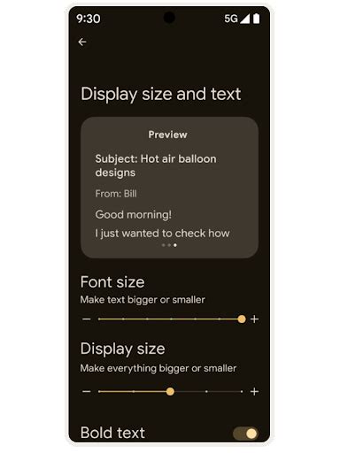 Esquema de configuración de tamaño de fuente y visualización en Android para mejorar la legibilidad para personas mayores.
