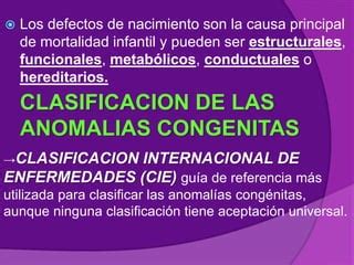 Esquema general que ilustra las diferentes clasificaciones de anomalías congénitas (estructurales frente a funcionales).