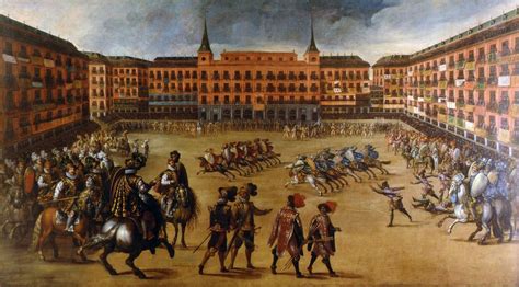 Grabado del siglo XVII mostrando juegos de cañas y caballeros lanceadores en la Plaza Mayor de Madrid