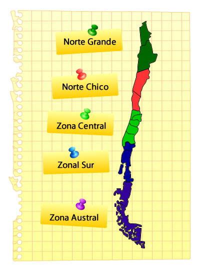 mapa de Chile con las zonas norte, central y sur resaltadas