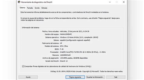 Interfaz de la herramienta de diagnóstico de DirectX (dxdiag) mostrando información del sistema
