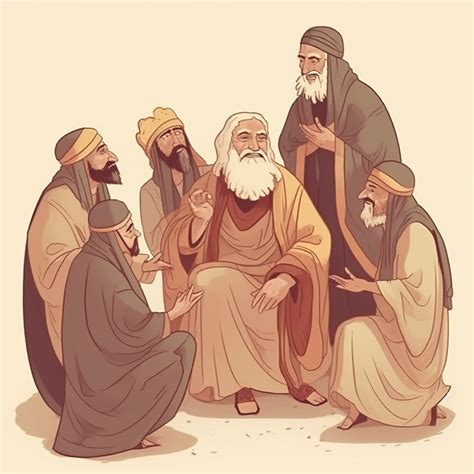 Ilustración de un anciano sabio compartiendo historias con jóvenes