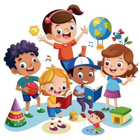 Ilustración de niños diversos interactuando y aprendiendo juntos en un aula