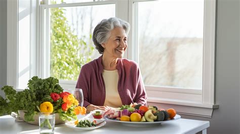 Mesa con variedad de alimentos saludables y un adulto mayor disfrutando de una comida