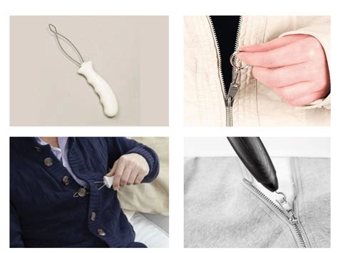 Infografía mostrando ayudas técnicas para el vestido: abotonadores, calzadores largos y adaptadores para cremalleras