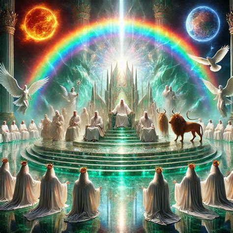 Representación artística de la visión de Juan en el cielo, mostrando el trono de Dios, las cuatro criaturas vivientes y los 24 ancianos con coronas de oro.