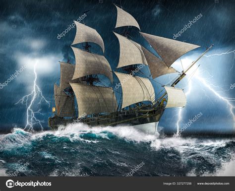 Un cuadro de un velero luchando contra una tormenta nocturna.