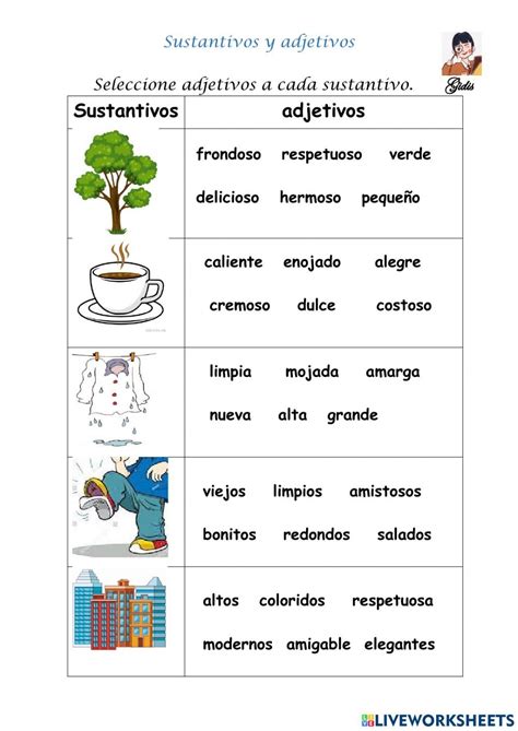 Ejemplo de ficha didáctica con sustantivos y adjetivos para niños