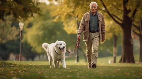 Persona mayor paseando a un perro pequeño en un parque soleado
