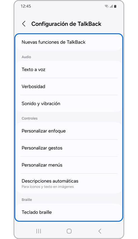 Esquema de las funciones de TalkBack (voz, sonido, vibración) y cómo interactúa con la interfaz.