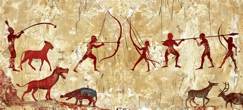 Ilustración de antiguas pinturas rupestres mostrando pictogramas primitivos