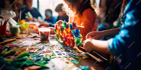 Niños en grupo creando obras de arte con materiales reciclados y plastilina