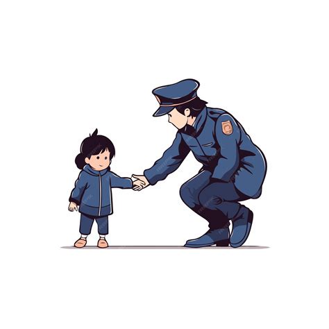 Ilustración de un oficial de policía interactuando con un menor en un entorno controlado.