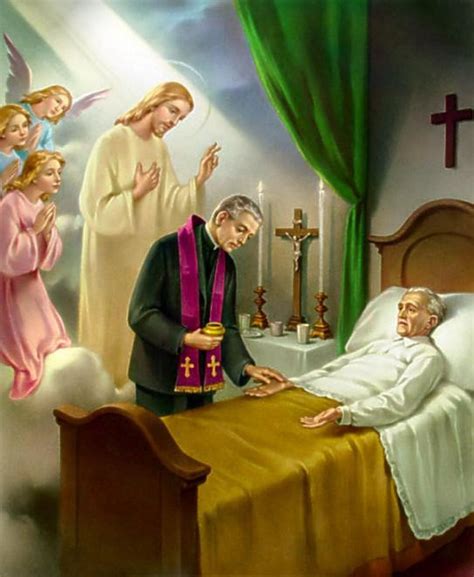 Representación del sacramento de la Unción de los Enfermos con un sacerdote ungiendo a un enfermo