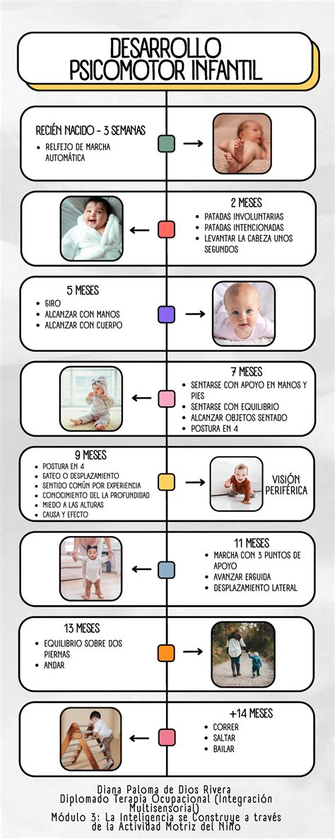 Infografía del desarrollo psicomotor infantil, mostrando la progresión céfalo-caudal y próximo-distal.