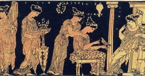 Ilustración histórica que muestra el entorno doméstico (gineceo) donde las madres y nodrizas cuidaban a los niños pequeños.