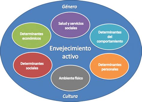 Diagrama de los seis determinantes del envejecimiento activo según la OMS.
