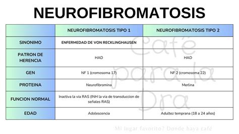 Infografía comparativa de los síntomas principales entre Neurofibromatosis tipo 1 y tipo 2.