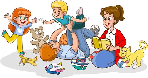 Familia interactuando con una cuidadora en casa, jugando con juguetes educativos