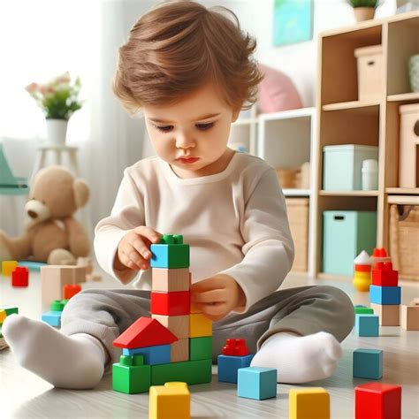 Cuidadora enseñando a un niño pequeño con bloques de construcción