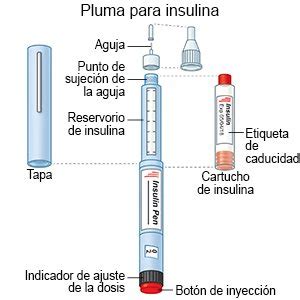 Esquema de las partes de una pluma de insulina (tapa, sello de goma, depósito, etiqueta, selector de dosis, ventana de dosis, botón de inyección)