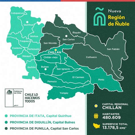 Mapa de la región de Ñuble con Chillán, San Fabián y Quillón destacados