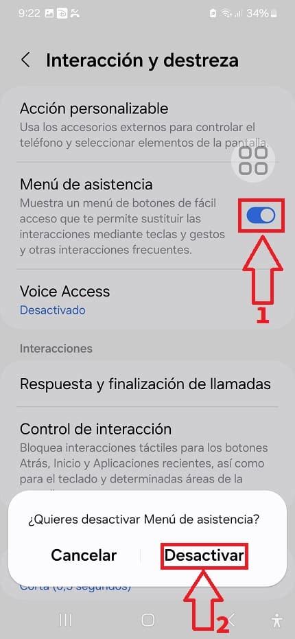 Captura de pantalla del Menú de asistencia en Samsung