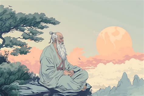 Ilustración de un anciano sabio meditando en un entorno sereno, con símbolos de conocimiento y paz