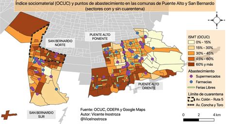 Mapa mostrando la correlación entre vulnerabilidad sociomaterial y la escasez de centros de abastecimiento en las comunas analizadas.