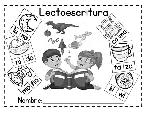 Diseño de un cuadernillo de lectoescritura abierto, mostrando una página con palabras ilustradas y espacios para rellenar letras o sílabas.