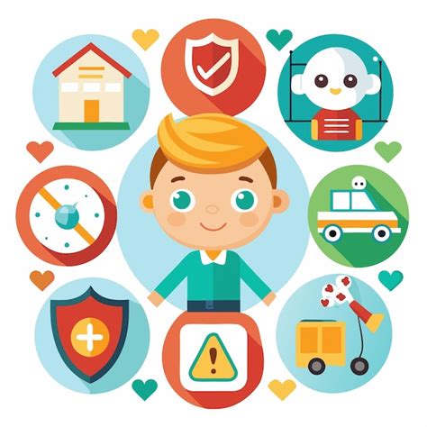 Ilustración de un bebé feliz rodeado de elementos de seguridad y cuidado, o una familia unida