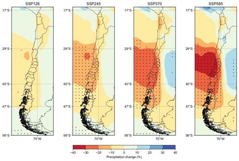 Diagrama de los impactos proyectados del cambio climático en Chile, incluyendo aumento de temperatura, disminución de precipitaciones e incremento de eventos extremos