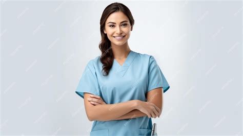 Foto de una enfermera mayor sonriendo, con un fondo de símbolos médicos