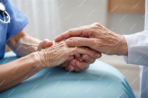 Foto de unas manos de enfermera sosteniendo unas manos de paciente anciano
