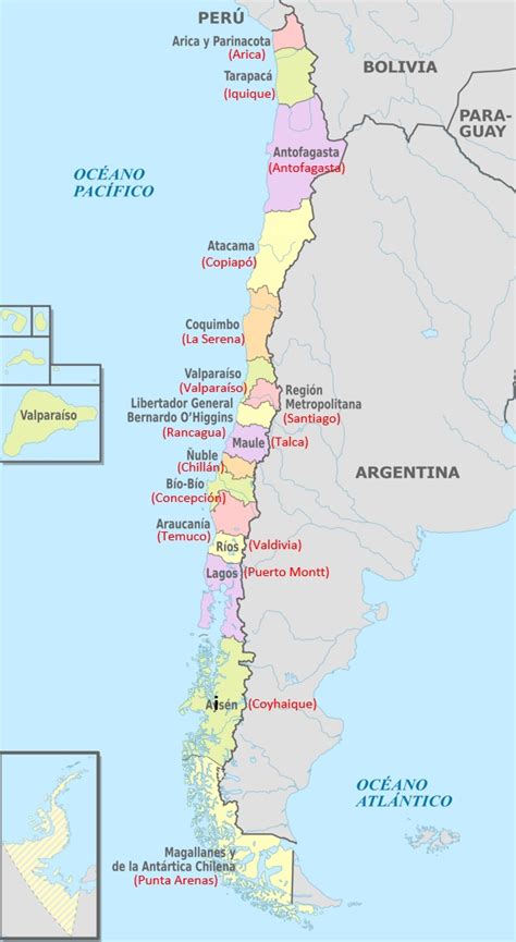 Mapa de Chile destacando las regiones y sus capitales