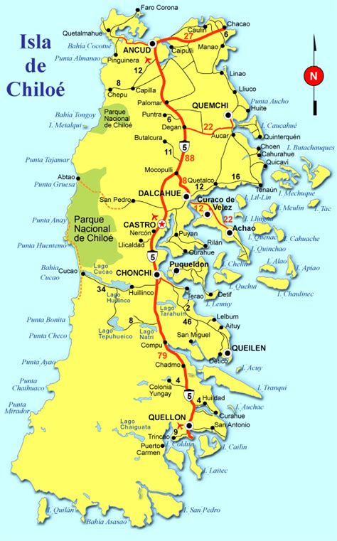 Mapa de Chiloé destacando Castro, Dalcahue y Caguach