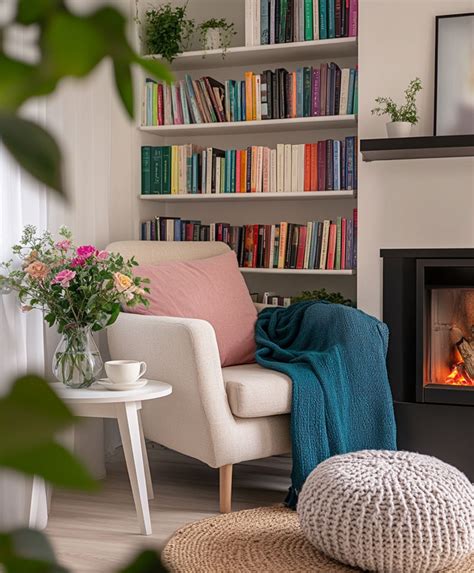Un rincón de lectura acogedor con libros, una manta y una planta