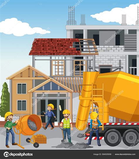 Ilustración de una casa en construcción con trabajadores