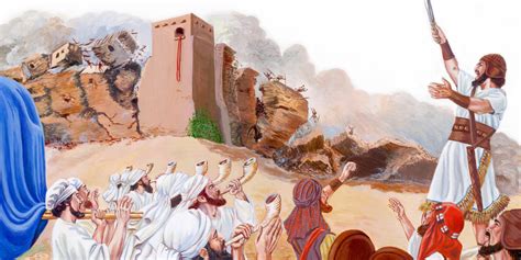Ilustración de la caída de los muros de Jericó con el pueblo gritando o la procesión del Arca del Pacto con gran alboroto