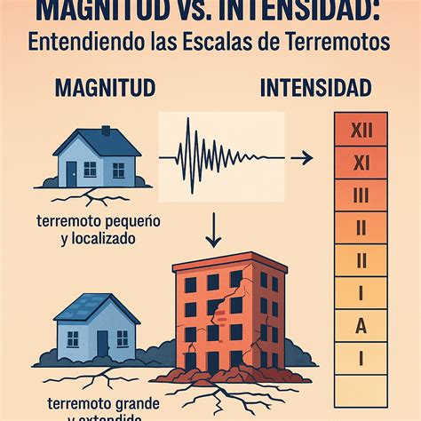 Esquema que ilustra la diferencia entre magnitud e intensidad de un terremoto