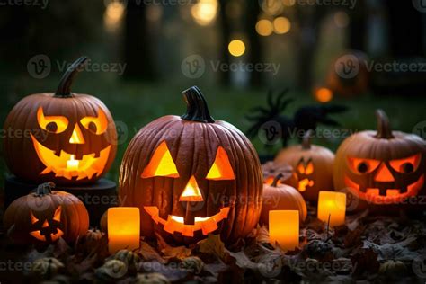 Photo of carved pumpkins with candles