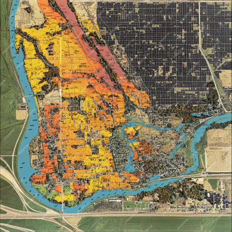 Mapa de un área urbana mostrando zonas con diferentes niveles de riesgo de inundación