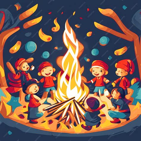 Dibujo de una anciana bailando alrededor de una hoguera en el bosque, con una casa hecha de elementos naturales