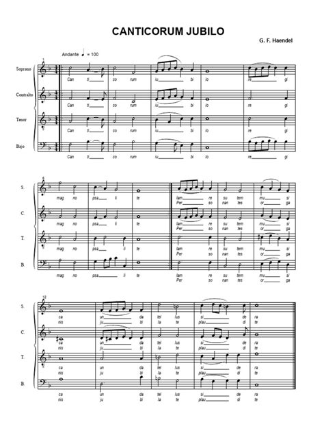 Ejemplo de partitura de Canticorum Jubilo con indicación de voces